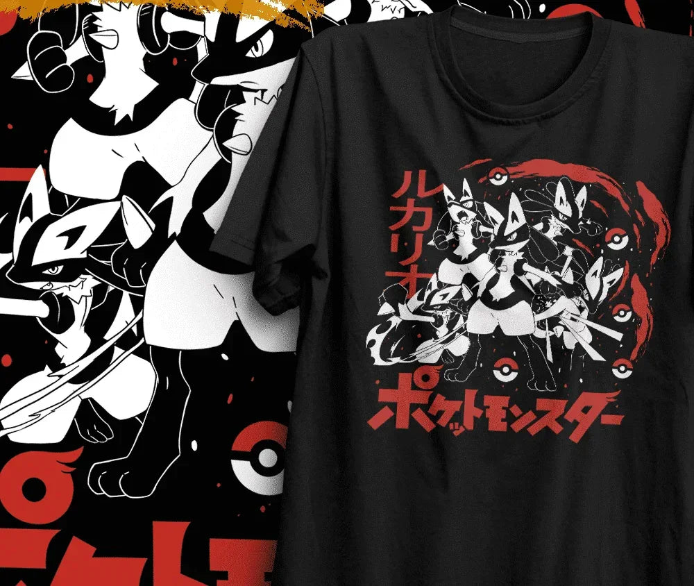 Camiseta Básica Unissex Pokemon Lucario Collab- Preto