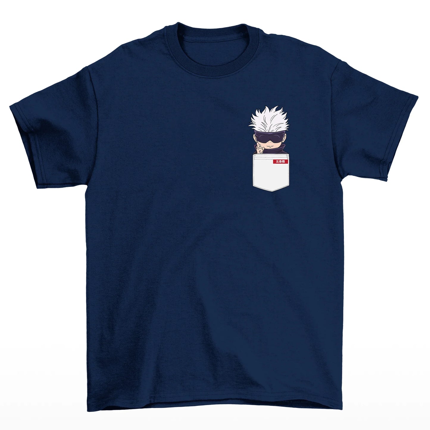 Camiseta Básica Unissex Gojo Satoru Kawaii Pocket Jujutsu Kaisen-azul-marinho
