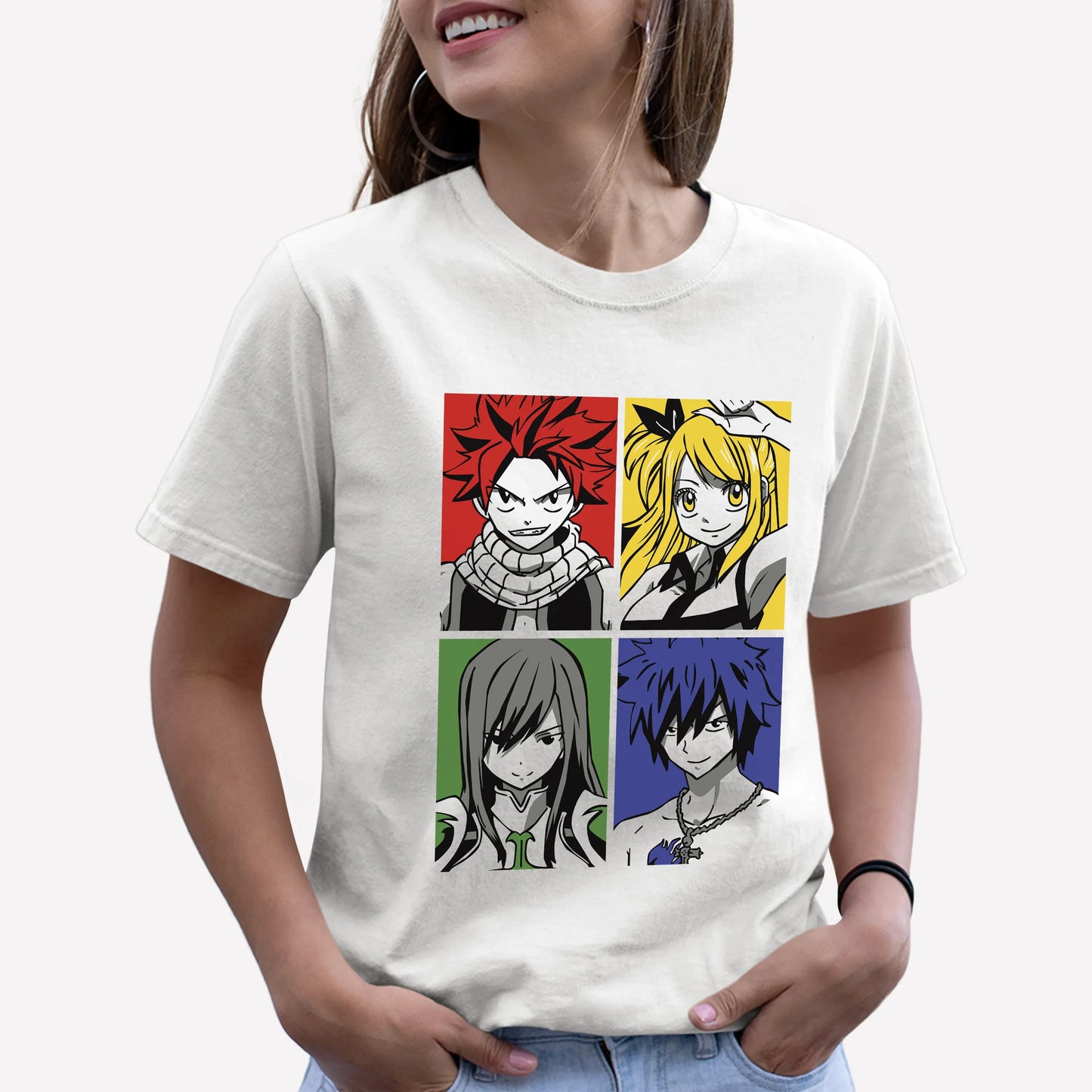 Camiseta Básica Erza Lucy Natsu e Gray Fairy Tail Branco