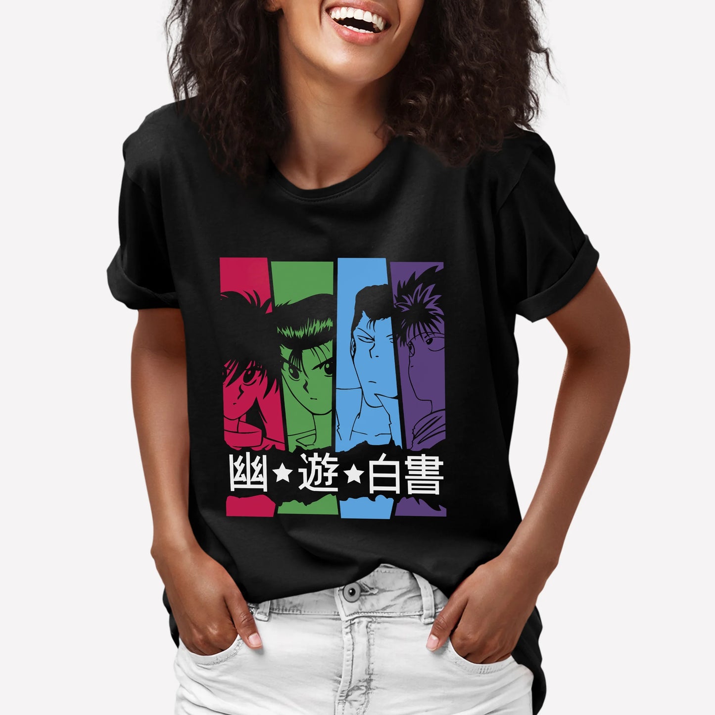 Mulher usando uma Camiseta Básica Preta Kurama Yusuke Kuwabara e Hiei Yu Yu Hakusho