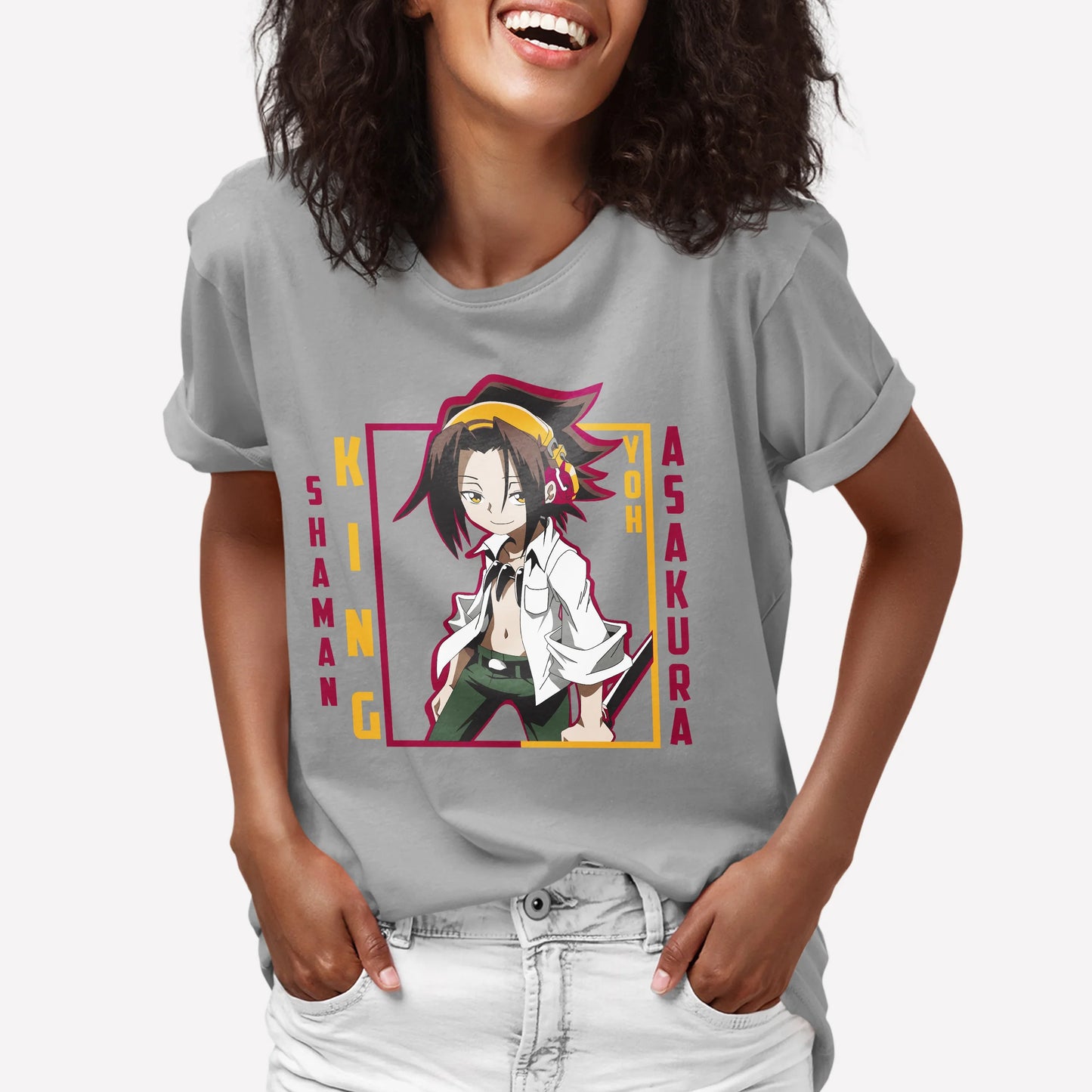 Camiseta Básica Asakura Yoh Shaman King-cinza