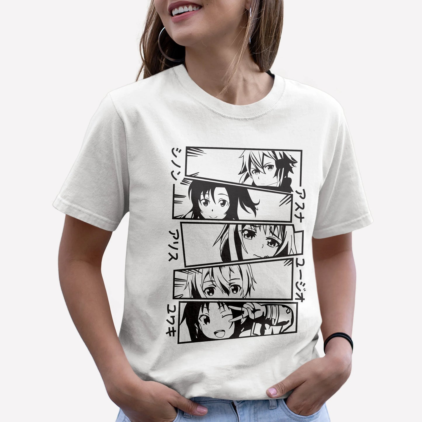 Camiseta Básica Faces Personagens Sword Art Branco