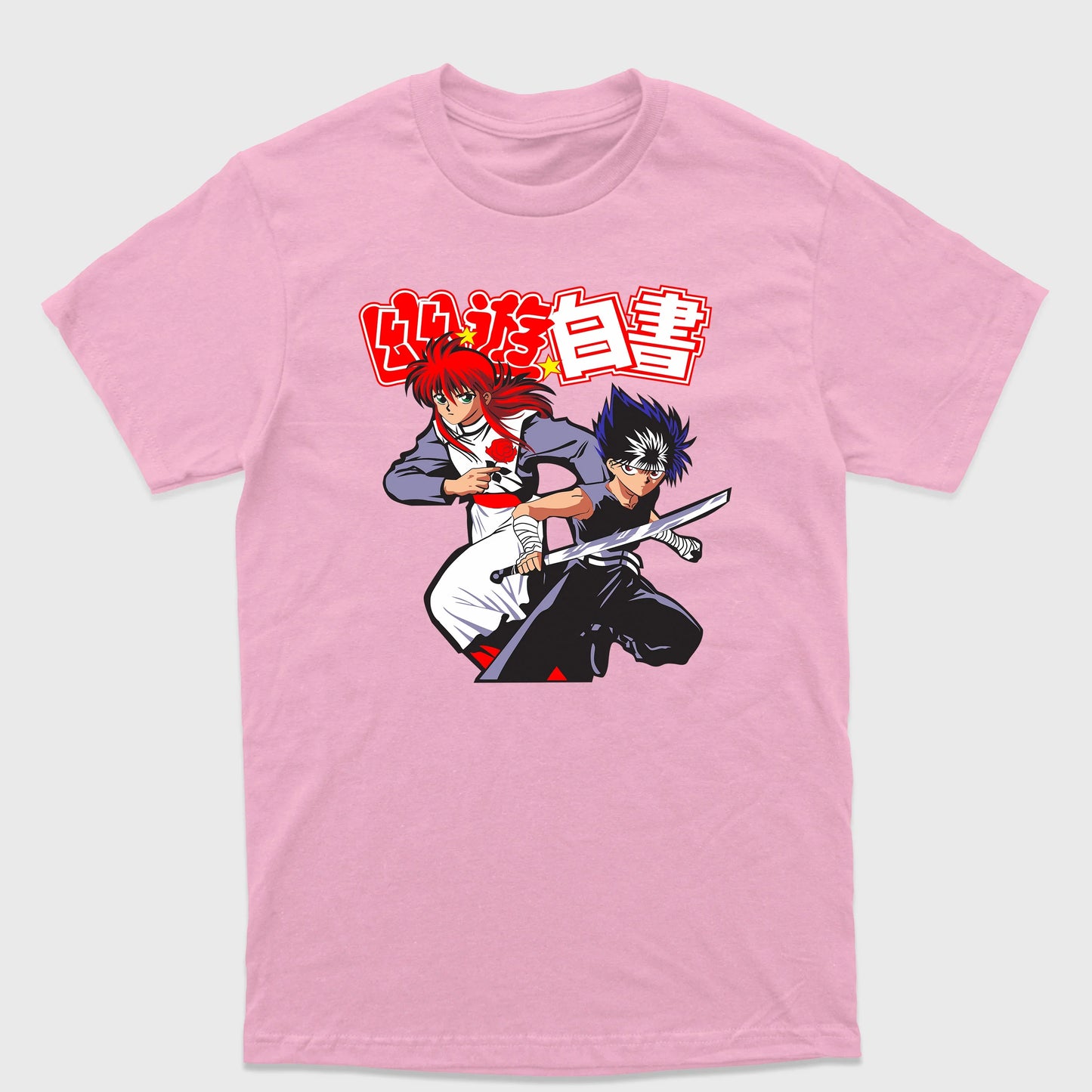 Camiseta Básica Kurama e Hiei Yu Yu Hakusho Rosa bebê