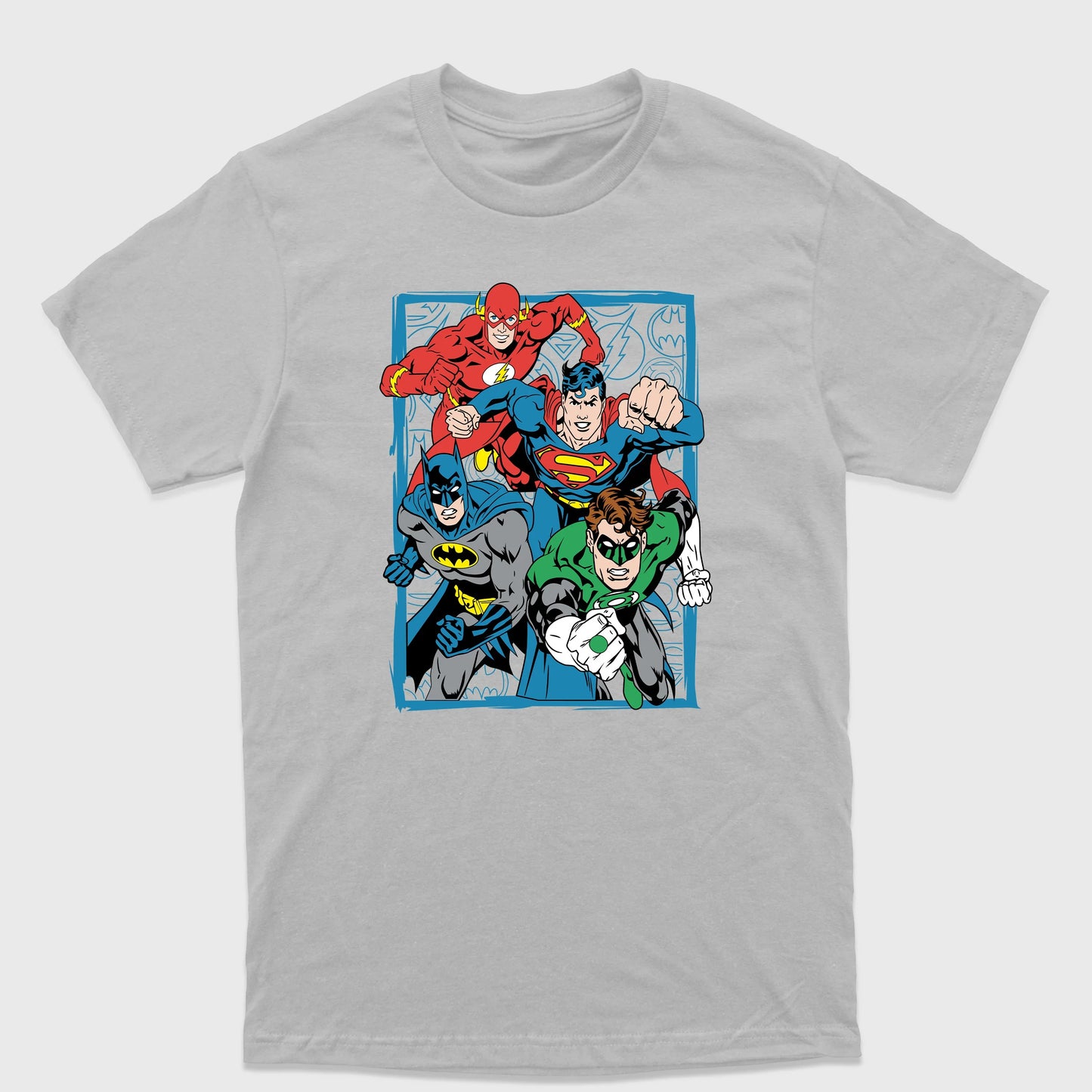 Camiseta Básica Liga Justiça Personagens Cinza