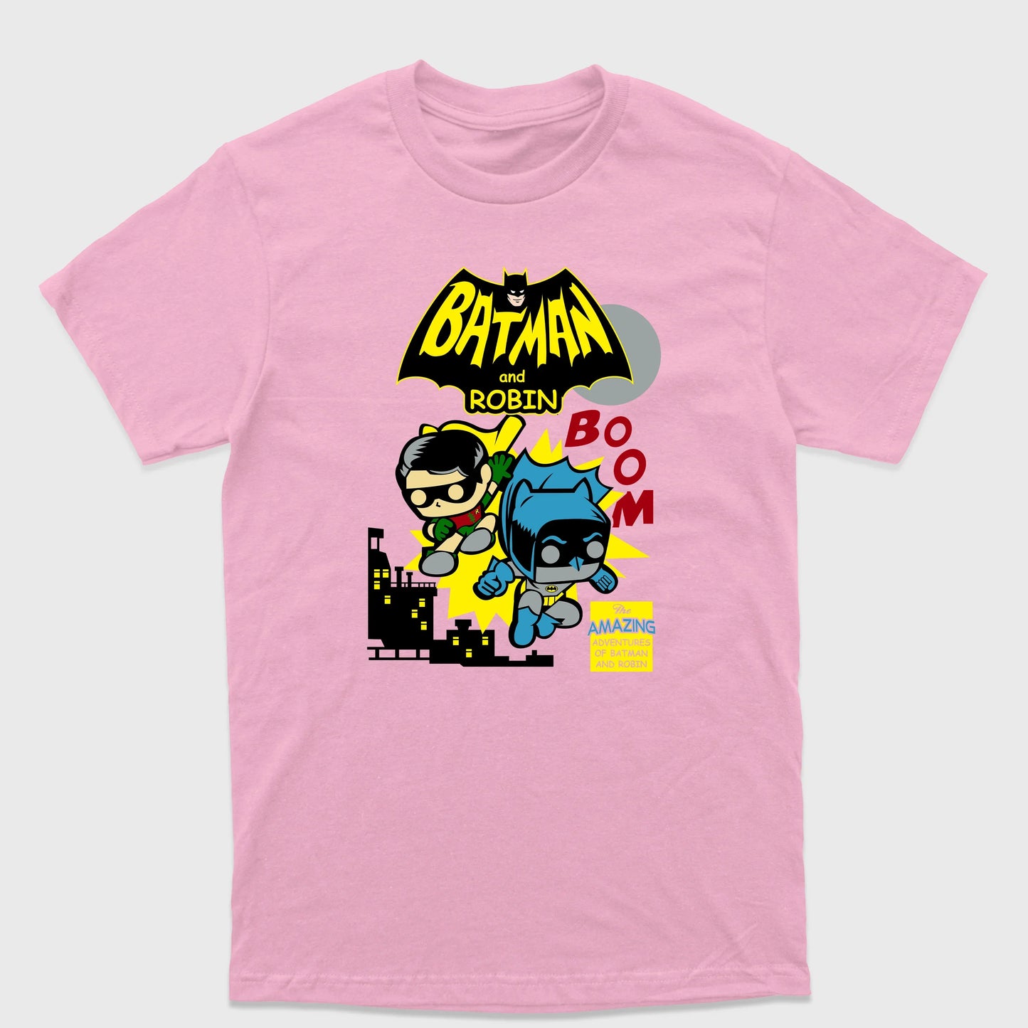 Camiseta Básica Batman and Robin Chibi Rosa Bebê