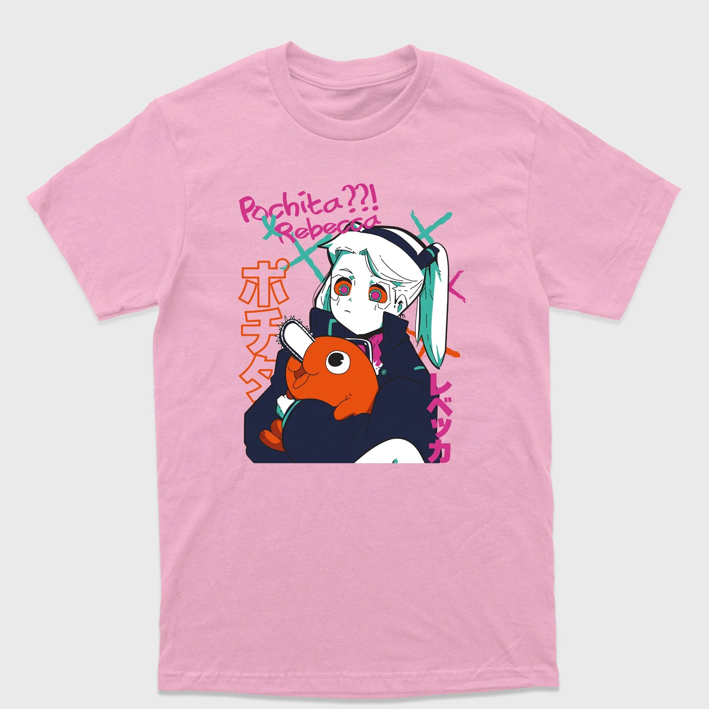 Camiseta Básica Rebecca Cyberpunk e Pochita Chainsaw Man