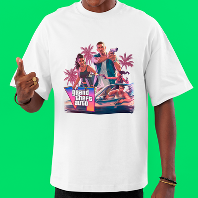 Camiseta Oversized GTA 6 Lucia e Jason Montagem