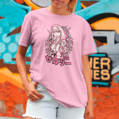 Camiseta Básica Unissex Zero Two Kanji Flores Darling In The Franxx