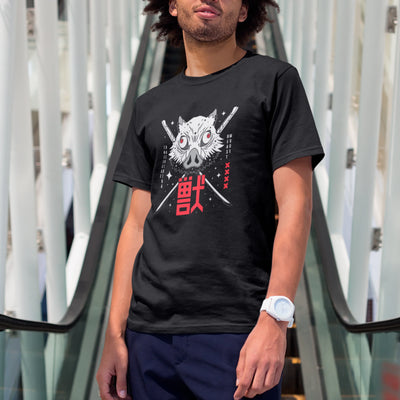 Camiseta Básica Unissex Demon Slayer Inosuke Mascara Kanji