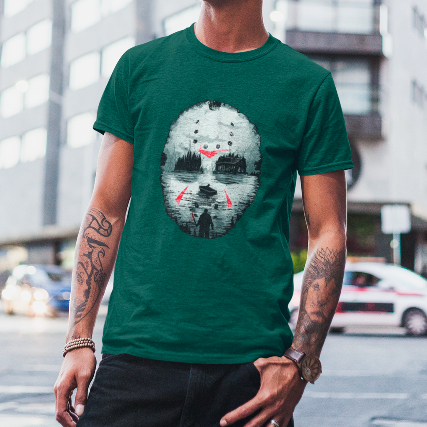 Camiseta Básica Unissex Mascara Lago Silhueta Jason Sexta Feira 13