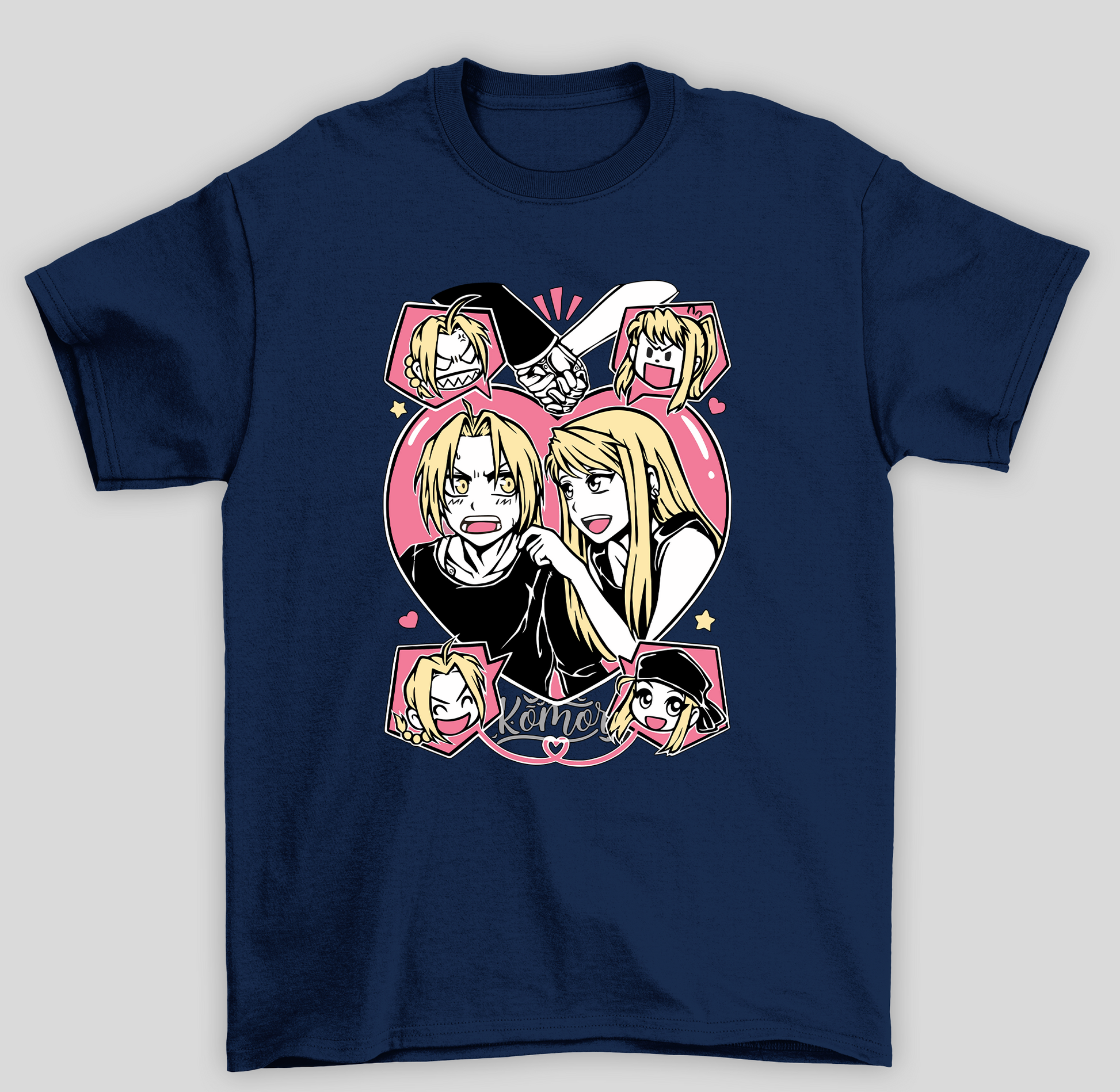 Camiseta Básica Unissex Fullmetal Alchemist Edward e Winry- AZUL-MARINHO