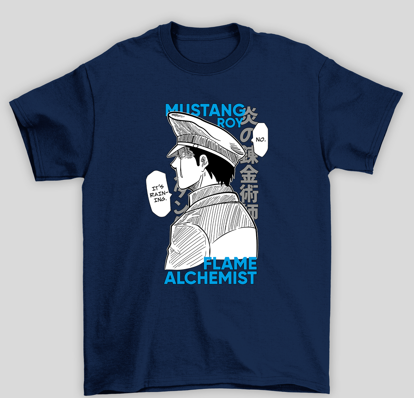 Camiseta Básica Unissex Fullmetal Alchemist 	Roy Mustang I'ts Raining