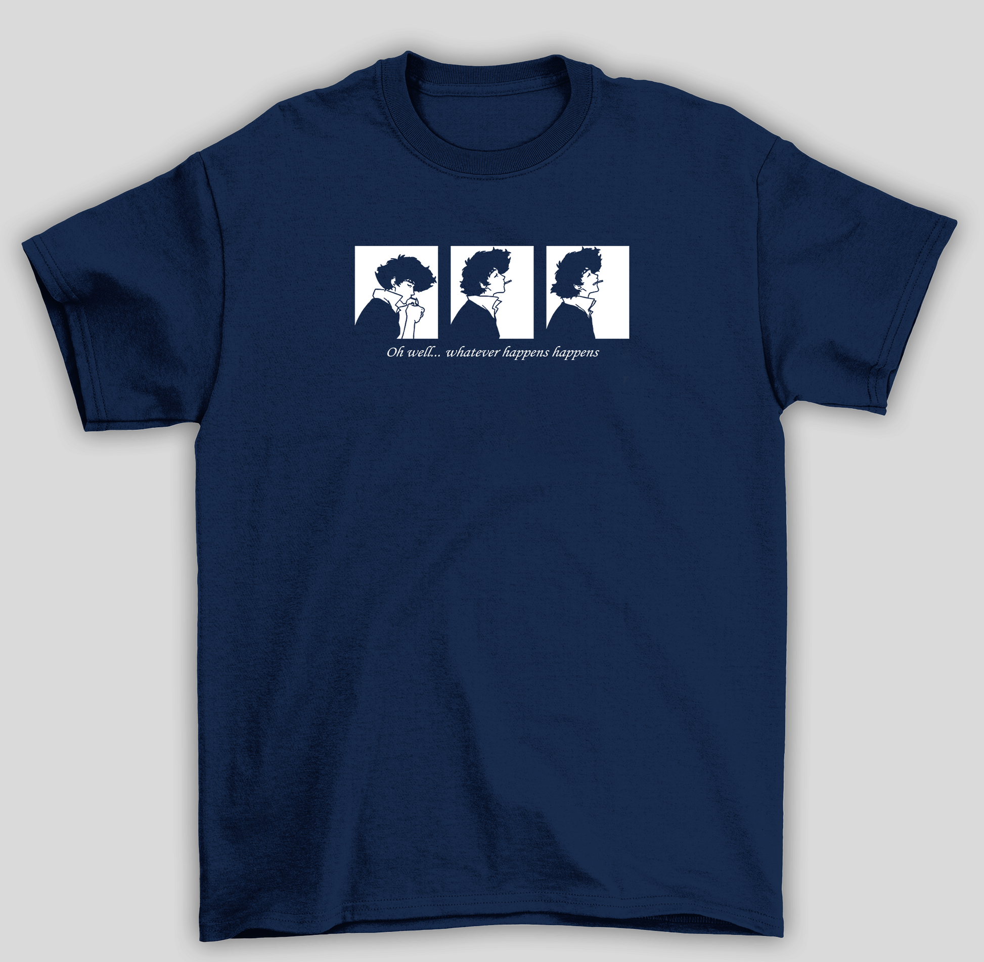 Camiseta Básica Unissex Cowboy Bepop Oh Well Whatever Happens Happens- azul-marinho