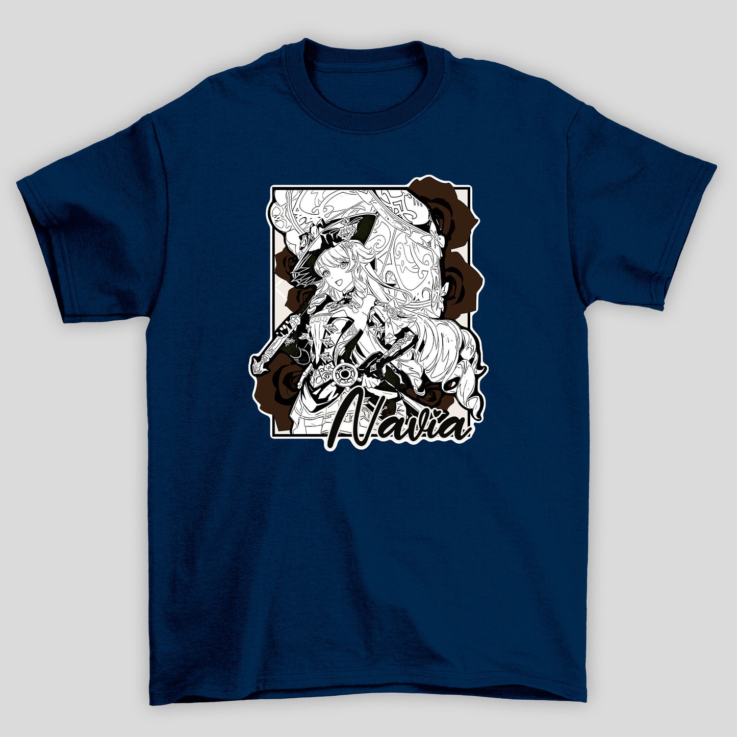 Camiseta Básica Unissex Navia Rosas Guarda Chuva Genshin