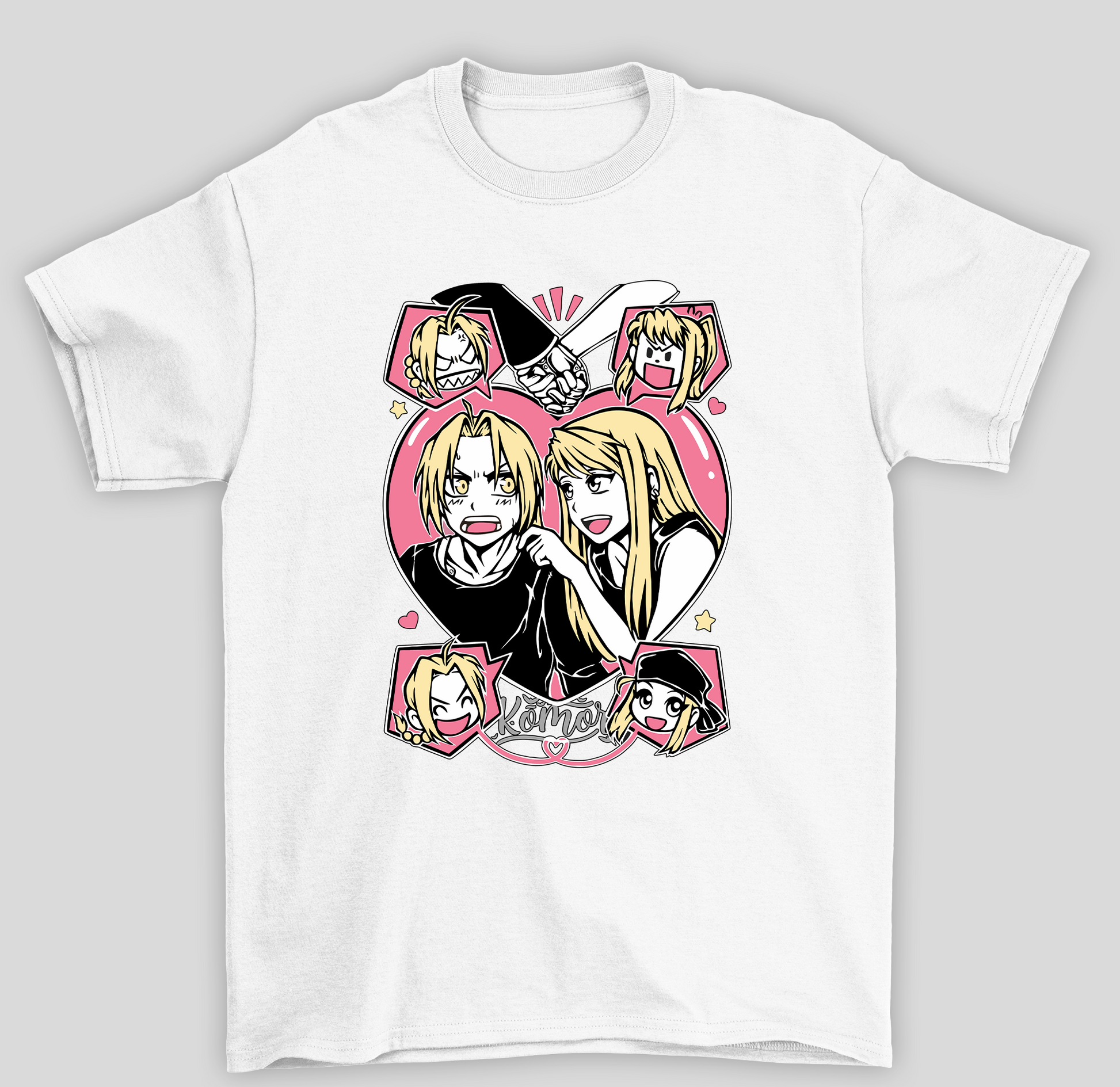 Camiseta Básica Unissex Fullmetal Alchemist Edward e Winry- BRANCO