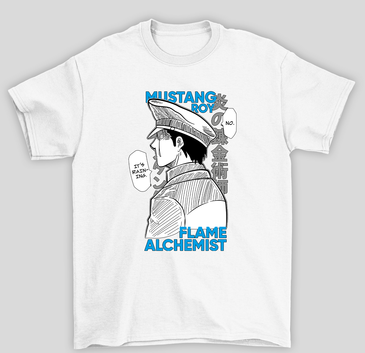 Camiseta Básica Unissex Fullmetal Alchemist 	Roy Mustang I'ts Raining