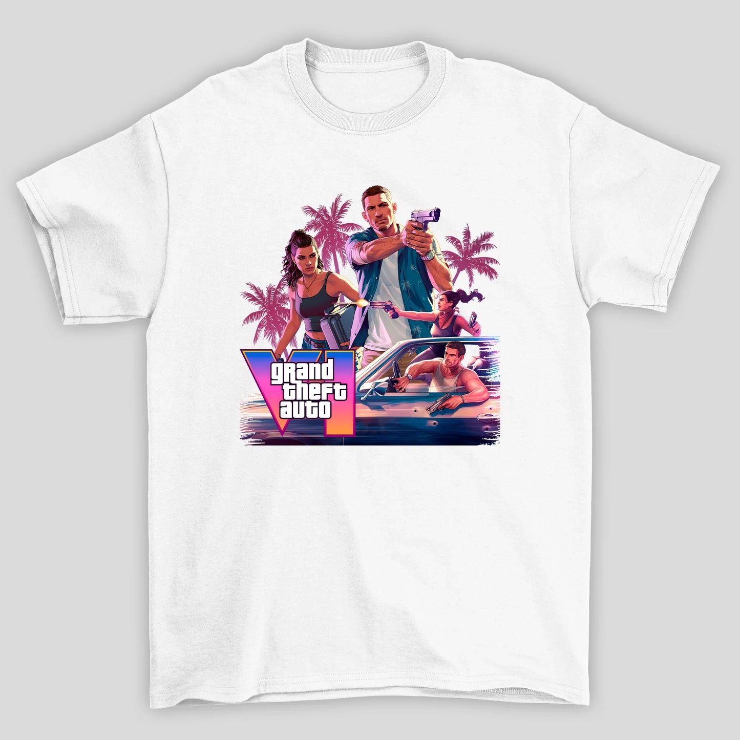 Camiseta Básica Unissex GTA Lucia E Jason Montagem