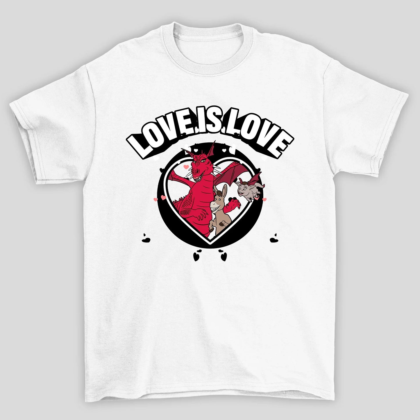 Camiseta Básica Unissex Love Is Love Burro e Dragão Shrek