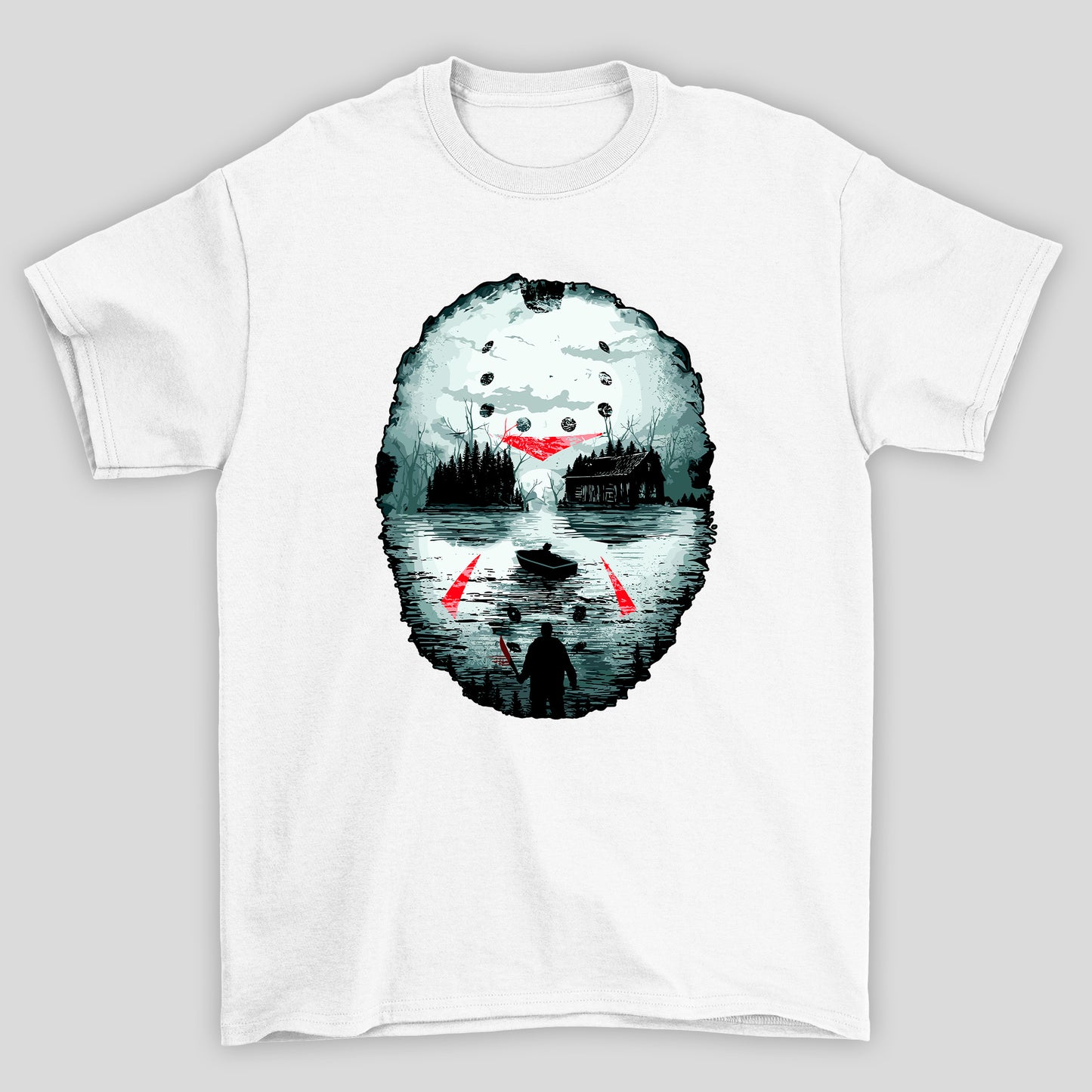 Camiseta Básica Unissex Mascara Lago Silhueta Jason Sexta Feira 13