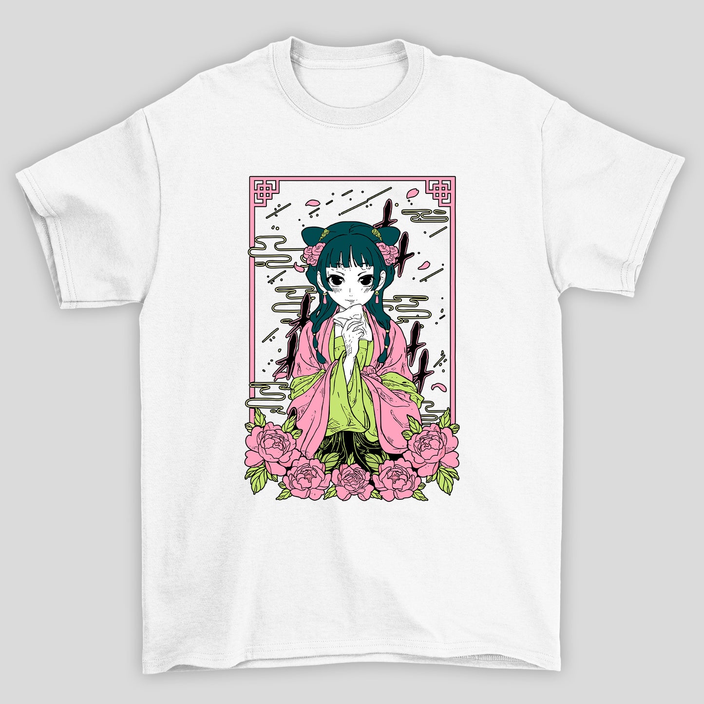 Camiseta Básica Unissex The Apothecary Diaries Maomao Kanji Flores