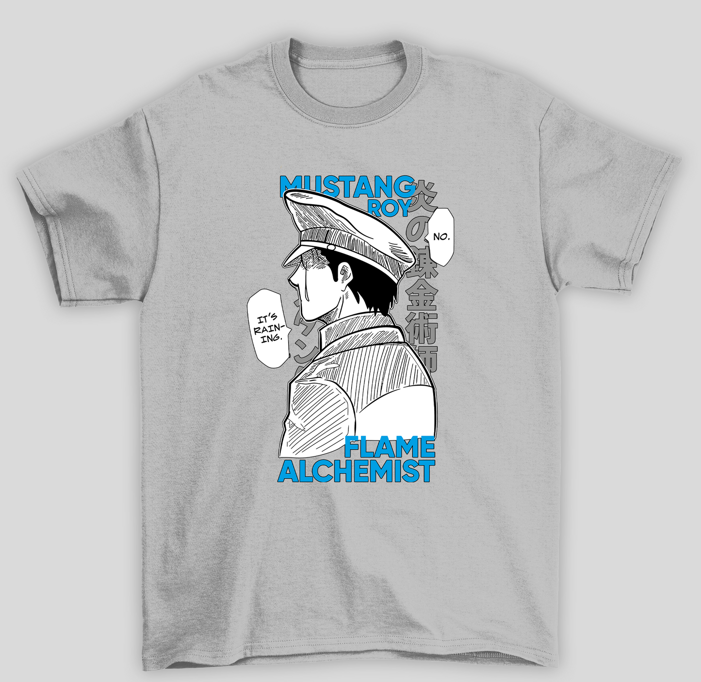 Camiseta Básica Unissex Fullmetal Alchemist 	Roy Mustang I'ts Raining