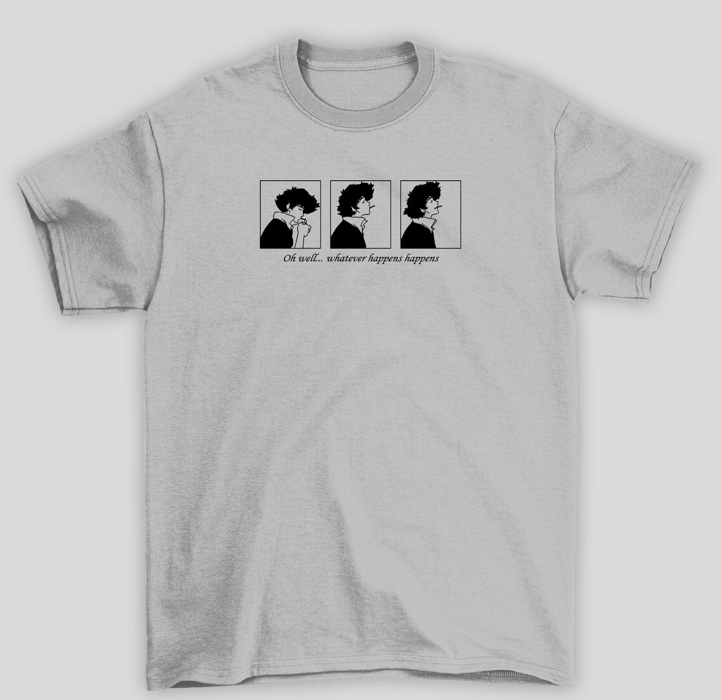 Camiseta Básica Unissex Cowboy Bepop Oh Well Whatever Happens Happens- cinza