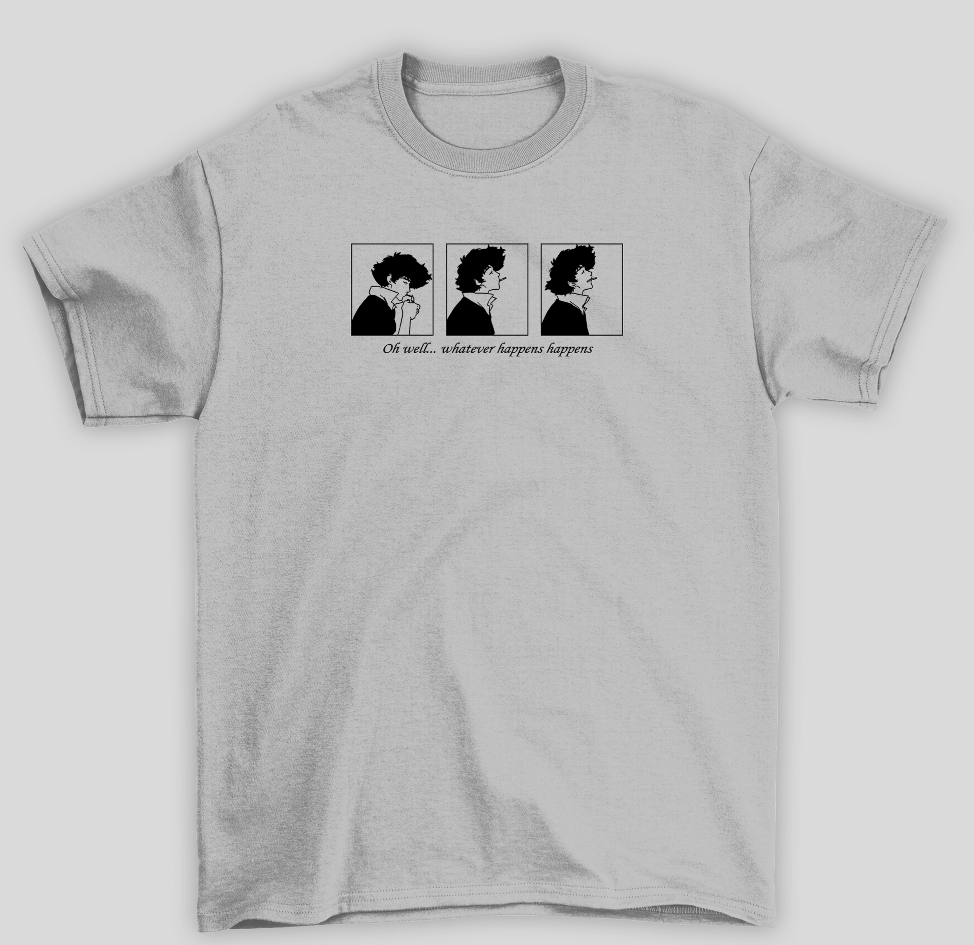 Camiseta Básica Unissex Cowboy Bepop Oh Well Whatever Happens Happens- cinza
