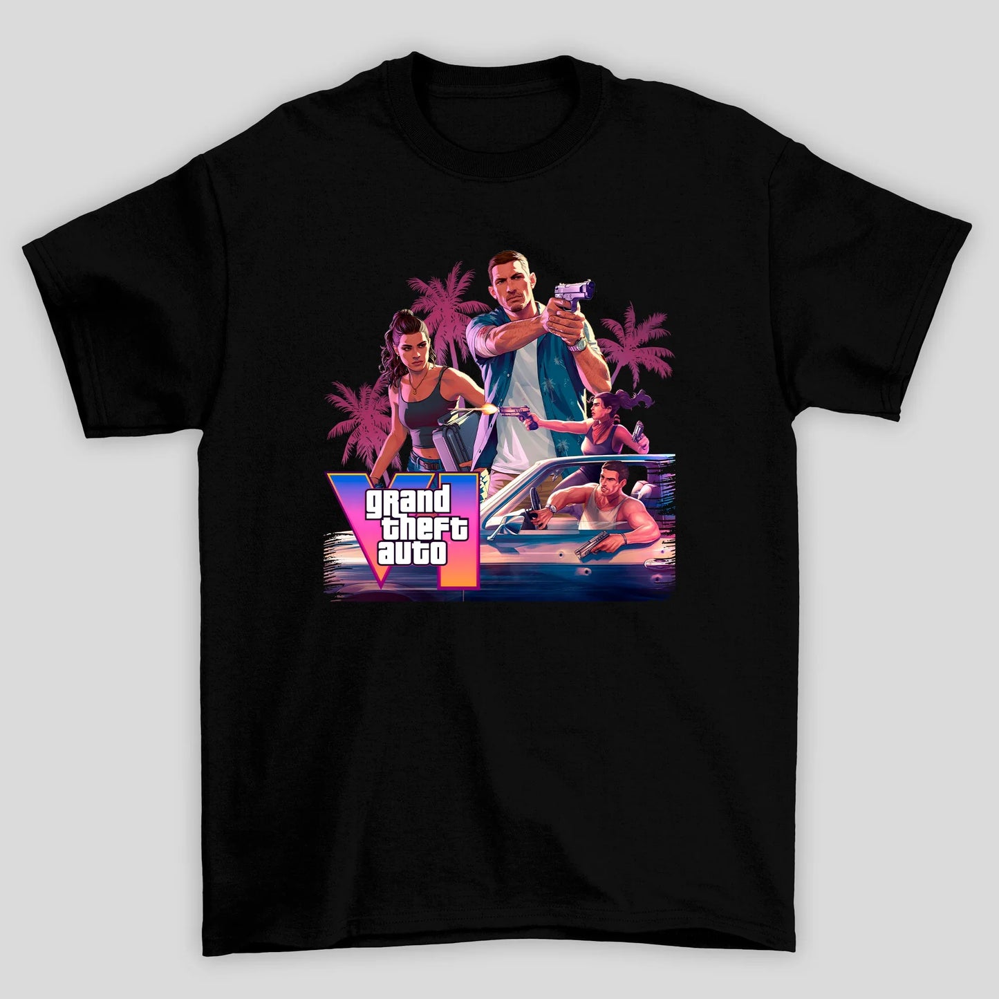 Camiseta Básica Unissex GTA Lucia E Jason Montagem