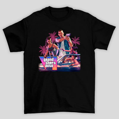 Camiseta Básica Unissex GTA Lucia E Jason Montagem