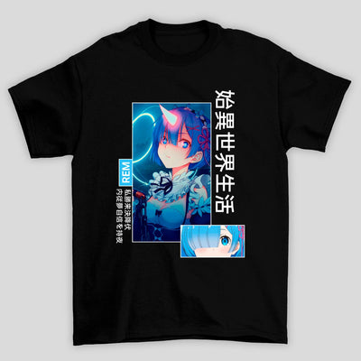 Camiseta Básica Unissex Kanji Rem Chifre Re Zero