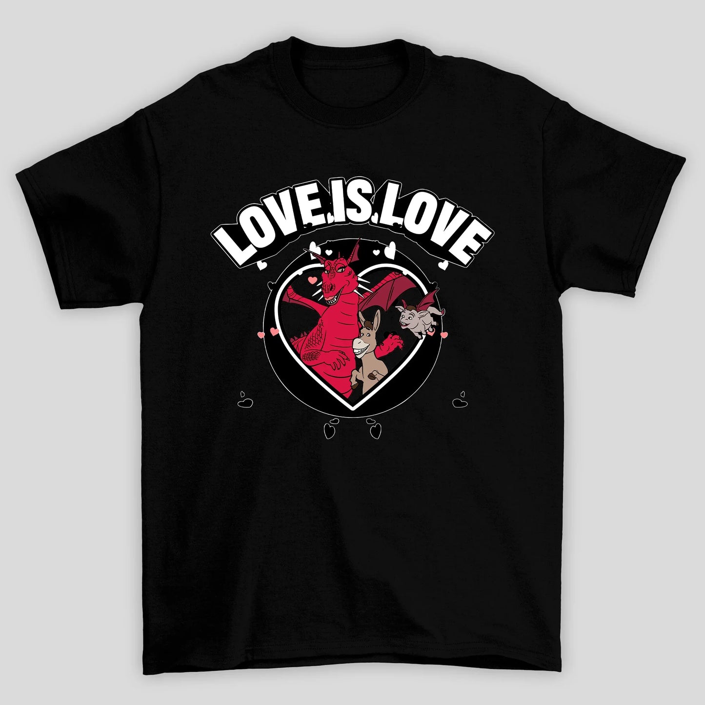 Camiseta Básica Unissex Love Is Love Burro e Dragão Shrek