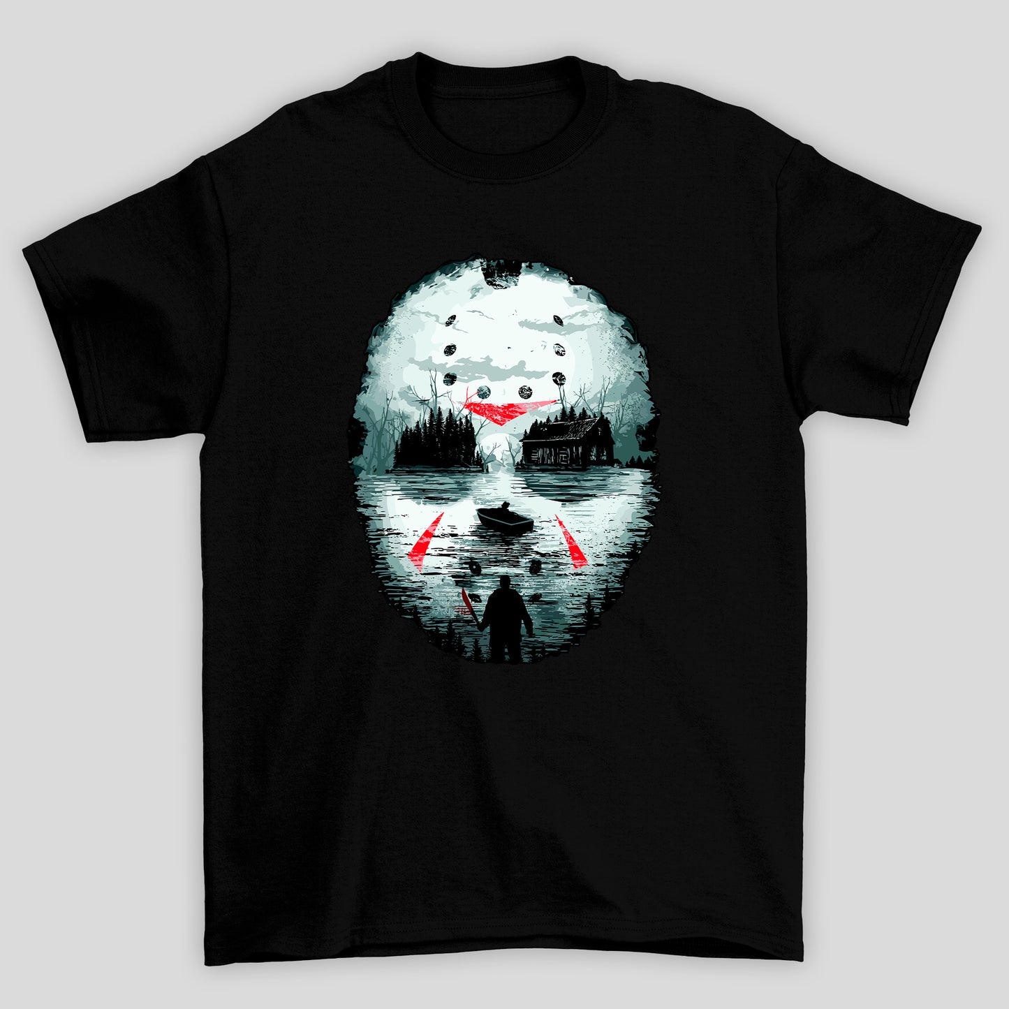 Camiseta Básica Unissex Mascara Lago Silhueta Jason Sexta Feira 13