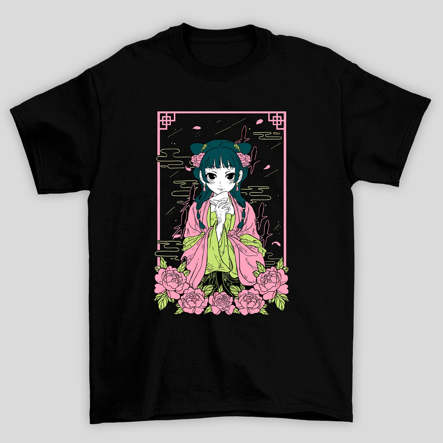 Camiseta Básica Unissex The Apothecary Diaries Maomao Kanji Flores