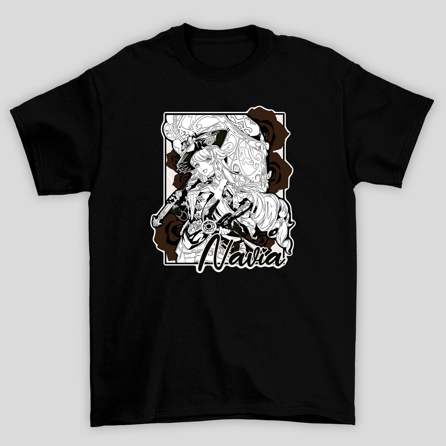 Camiseta Básica Unissex Navia Rosas Guarda Chuva Genshin