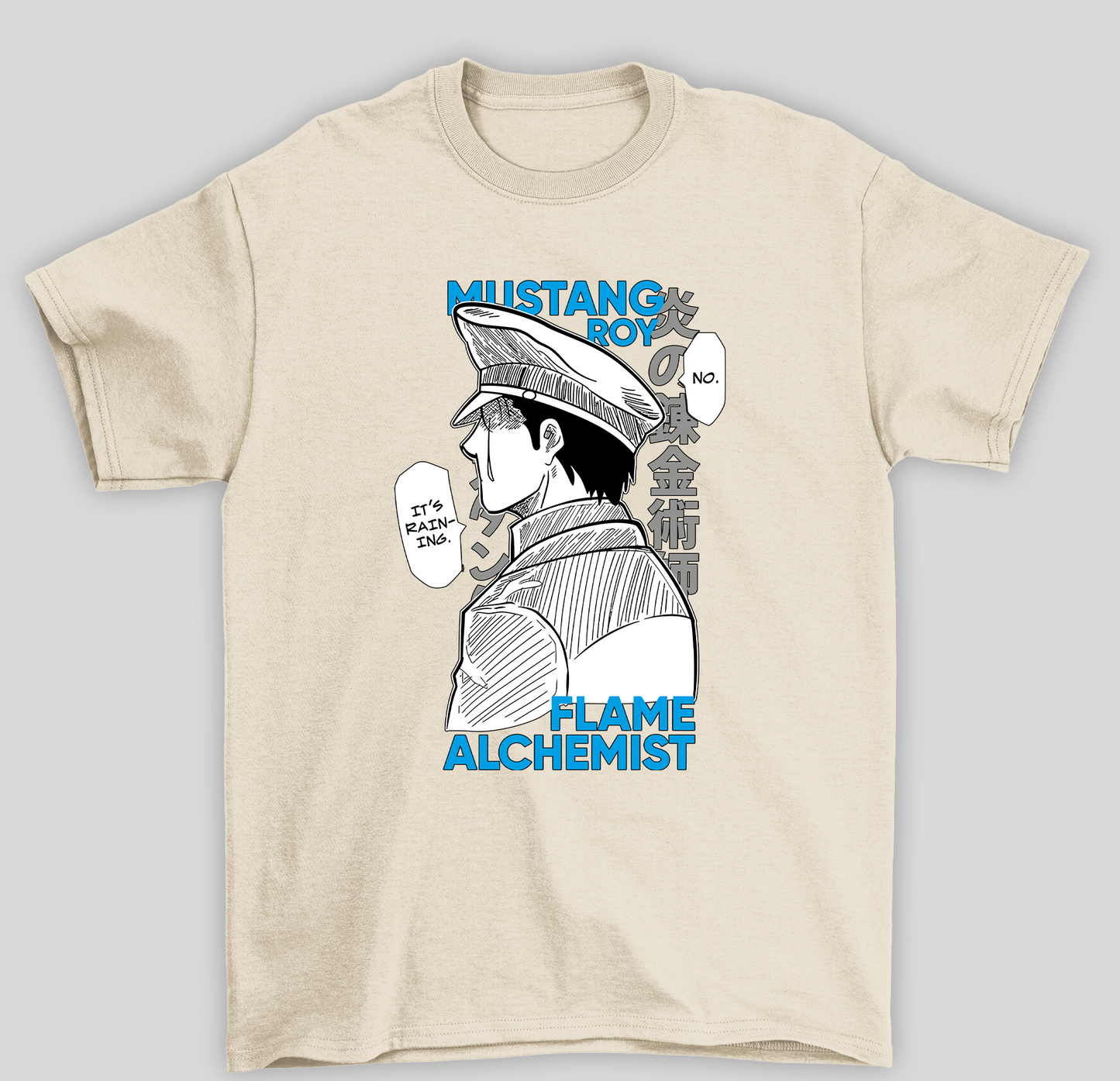 Camiseta Básica Unissex Fullmetal Alchemist 	Roy Mustang I'ts Raining