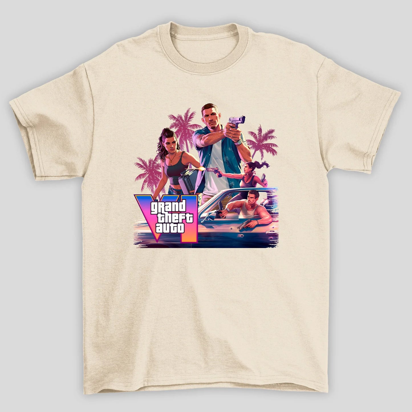 Camiseta Básica Unissex GTA Lucia E Jason Montagem