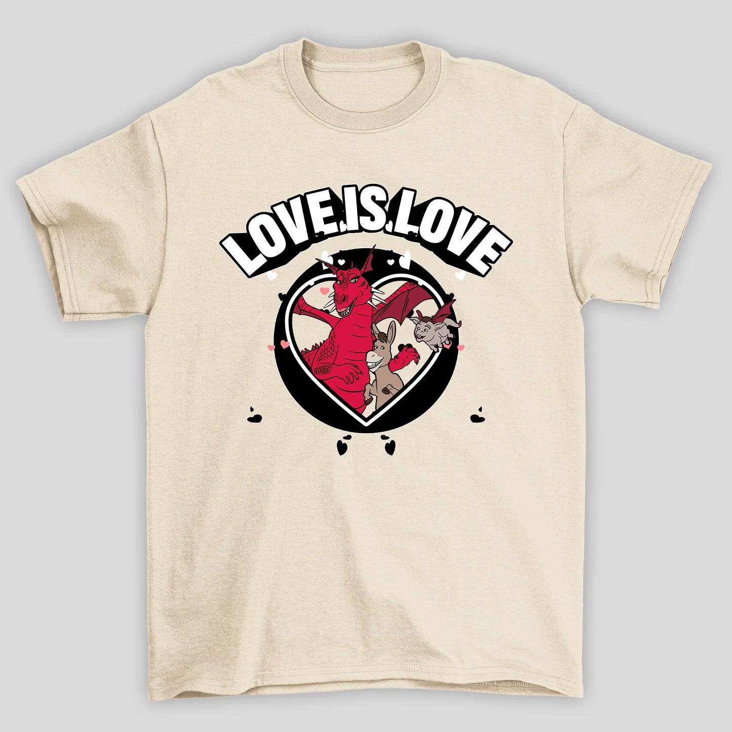 Camiseta Básica Unissex Love Is Love Burro e Dragão Shrek