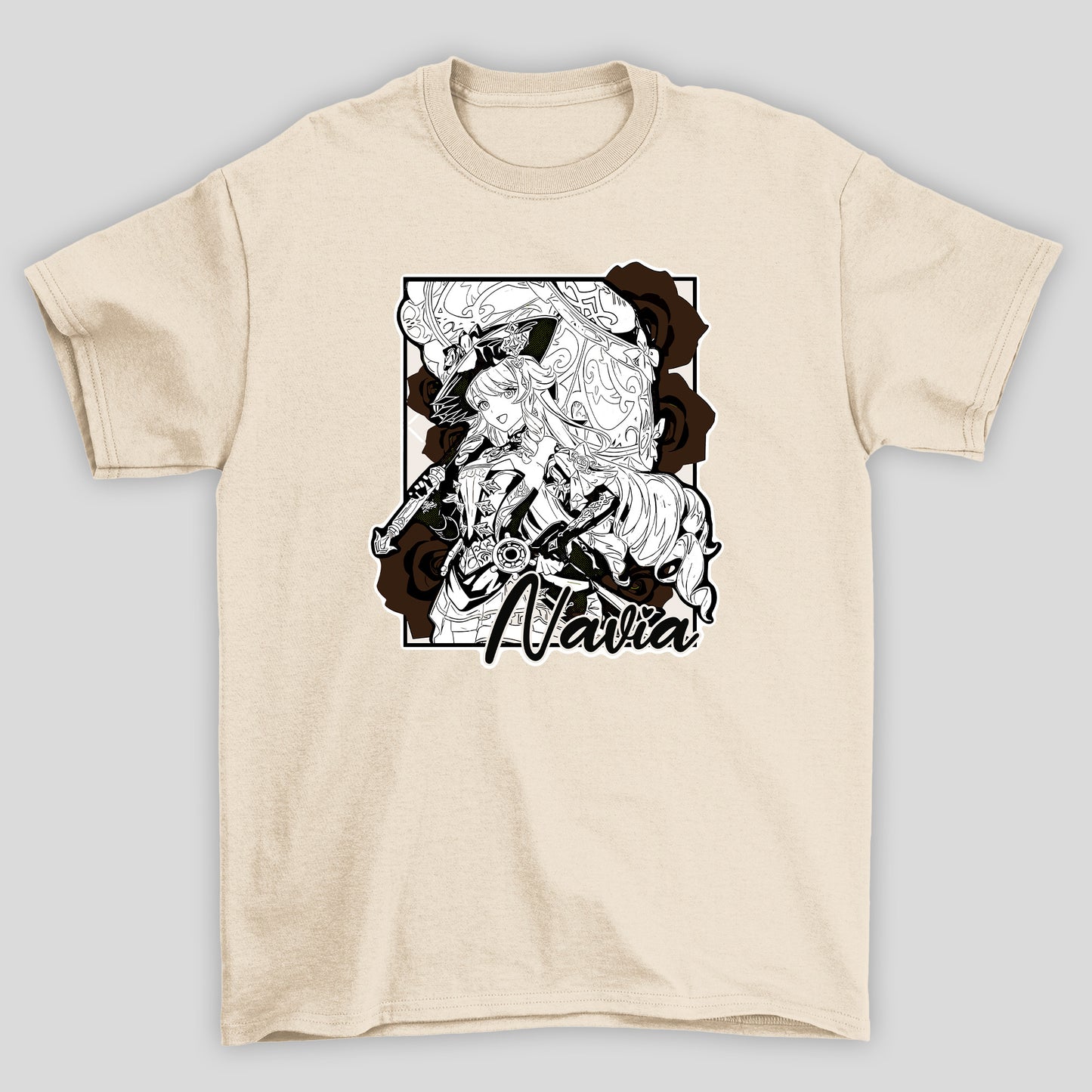 Camiseta Básica Unissex Navia Rosas Guarda Chuva Genshin