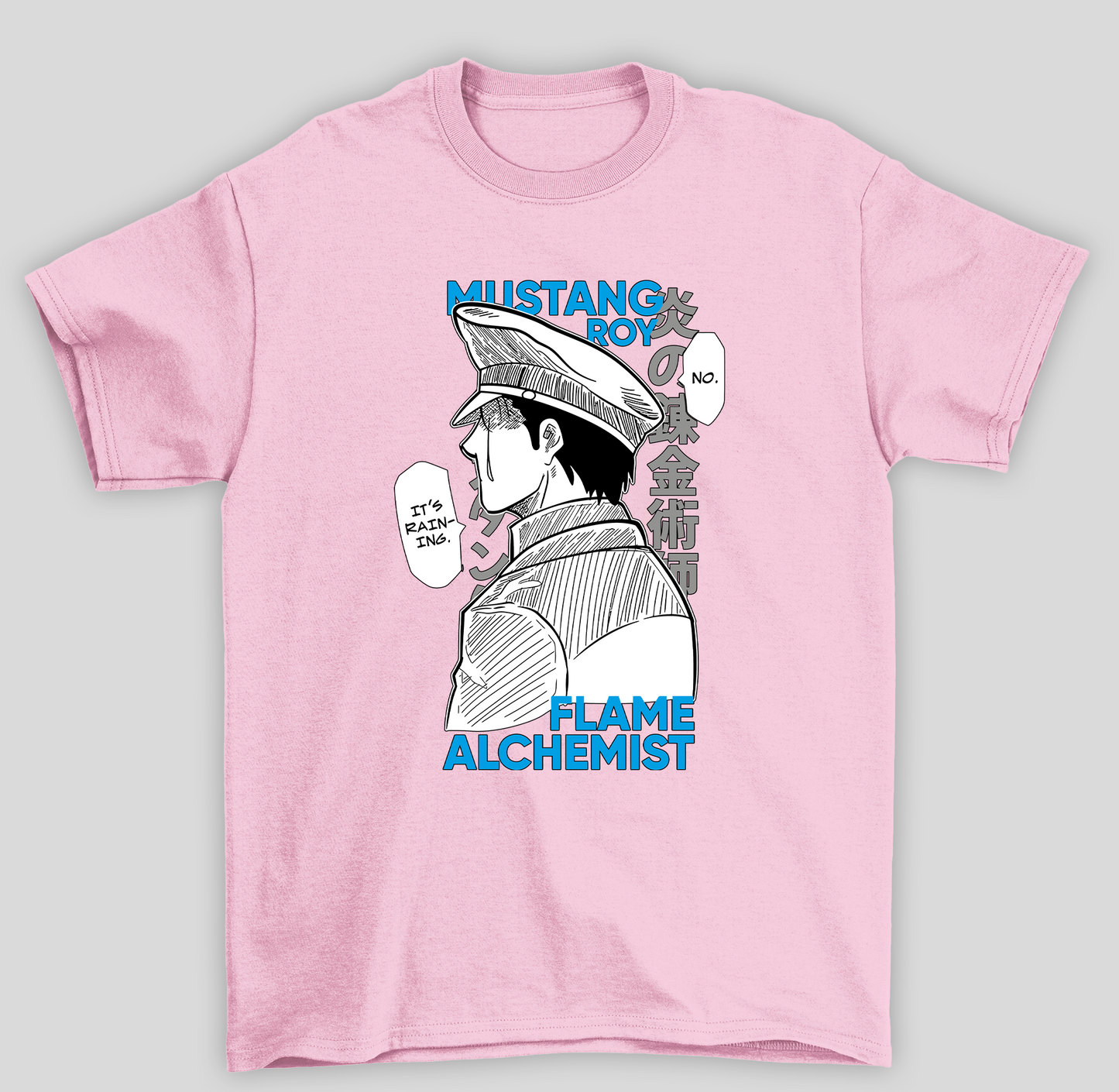 Camiseta Básica Unissex Fullmetal Alchemist 	Roy Mustang I'ts Raining