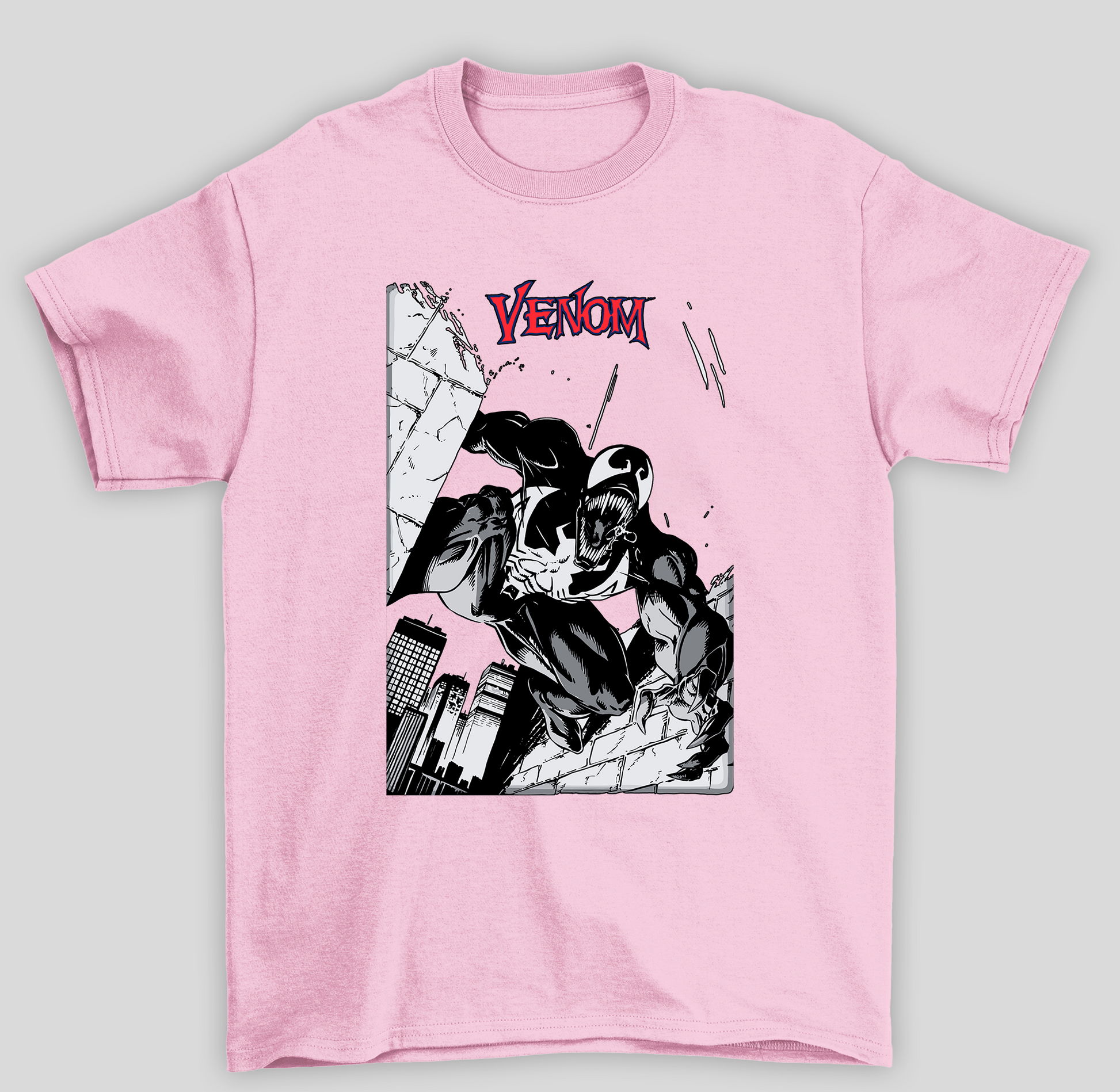 Camiseta Básica Unissex Venom HQ Cidade- rosa bebe