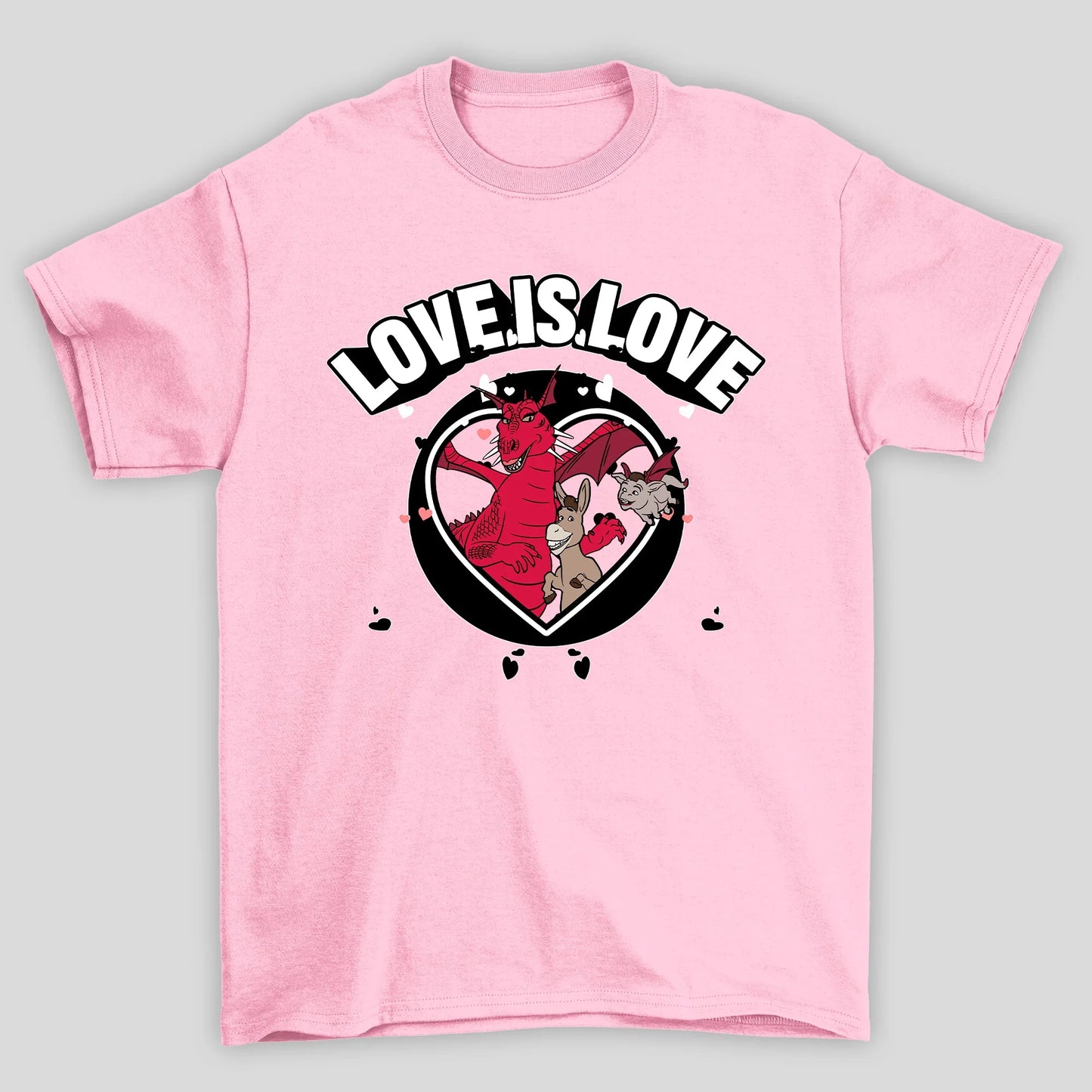 Camiseta Básica Unissex Love Is Love Burro e Dragão Shrek
