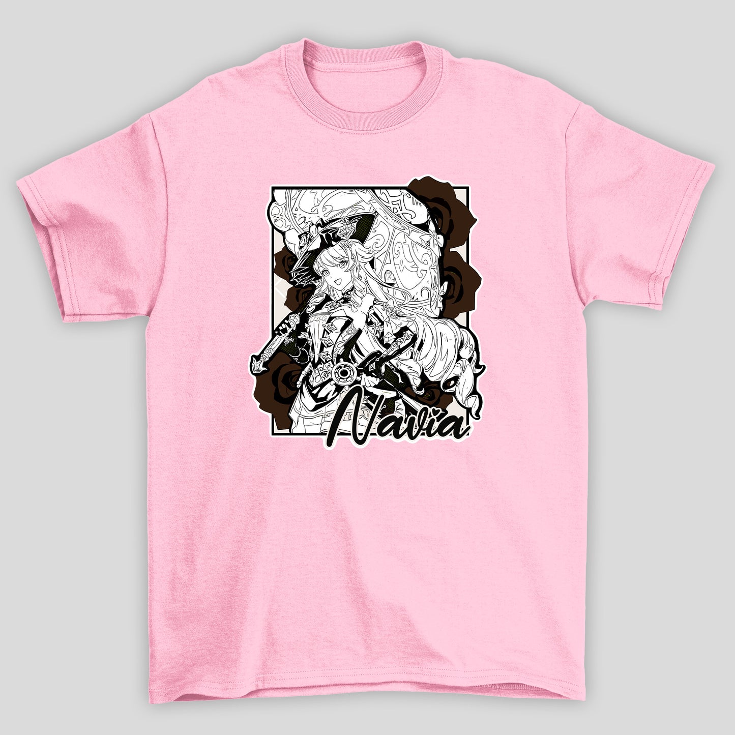 Camiseta Básica Unissex Navia Rosas Guarda Chuva Genshin