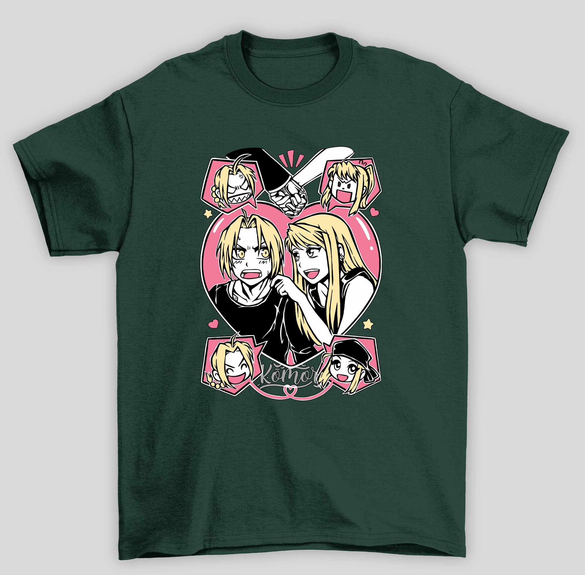 Camiseta Básica Unissex Fullmetal Alchemist Edward e Winry- VERDE