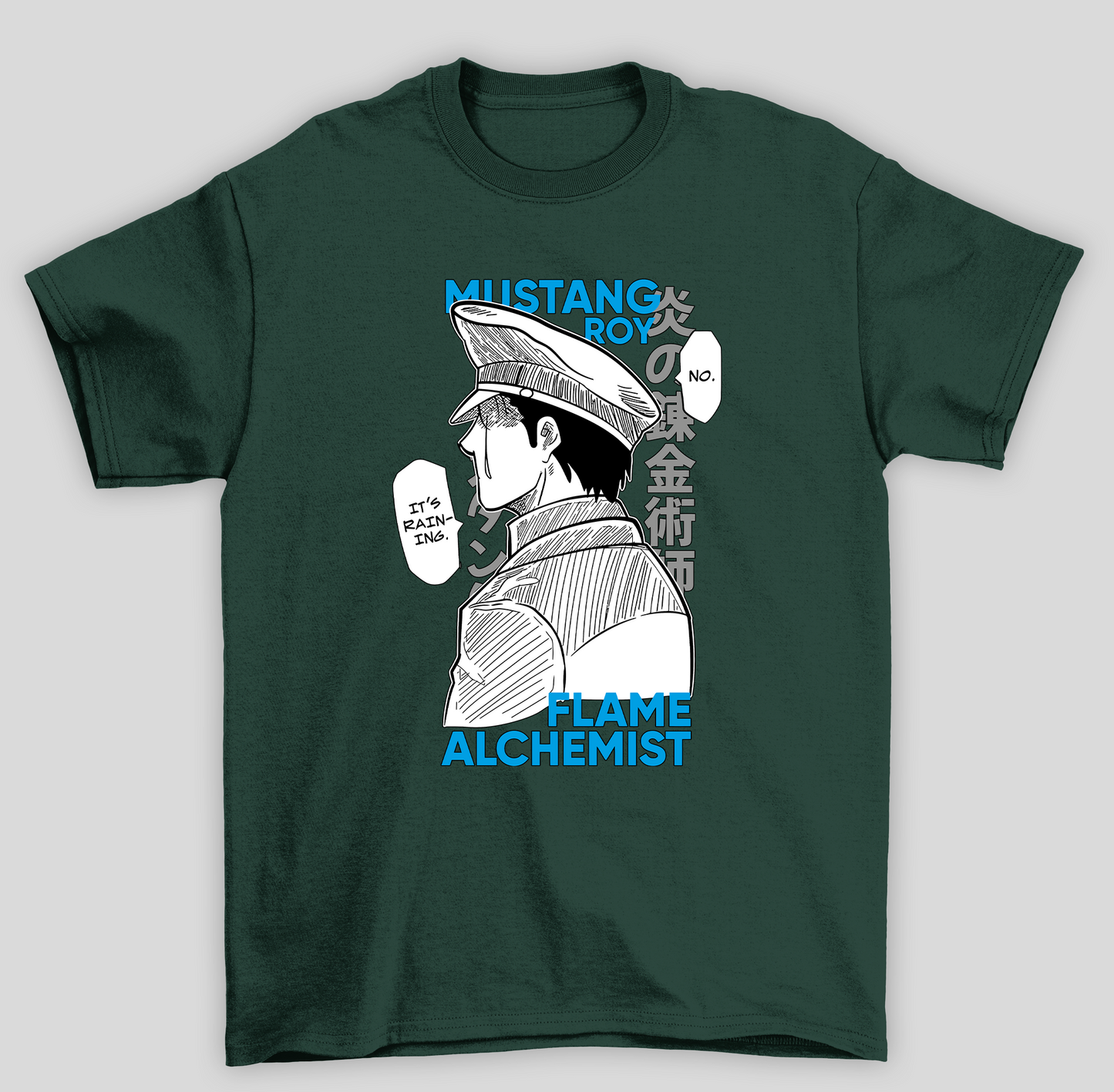Camiseta Básica Unissex Fullmetal Alchemist 	Roy Mustang I'ts Raining