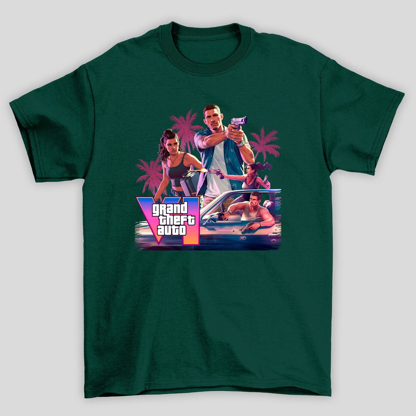 Camiseta Básica Unissex GTA Lucia E Jason Montagem