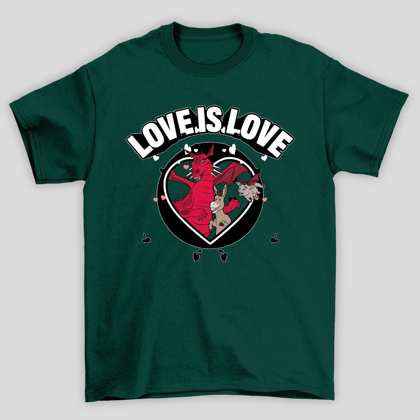 Camiseta Básica Unissex Love Is Love Burro e Dragão Shrek