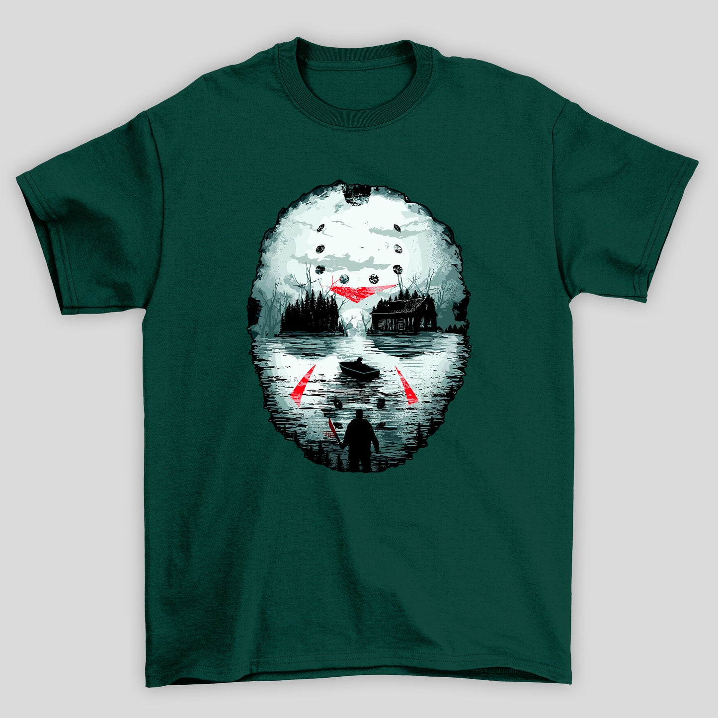 Camiseta Básica Unissex Mascara Lago Silhueta Jason Sexta Feira 13