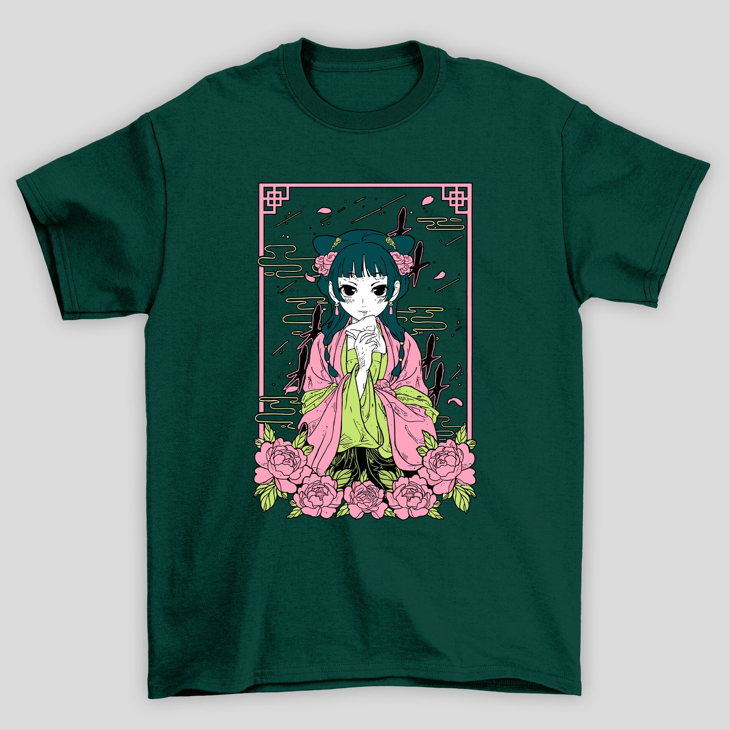 Camiseta Básica Unissex The Apothecary Diaries Maomao Kanji Flores