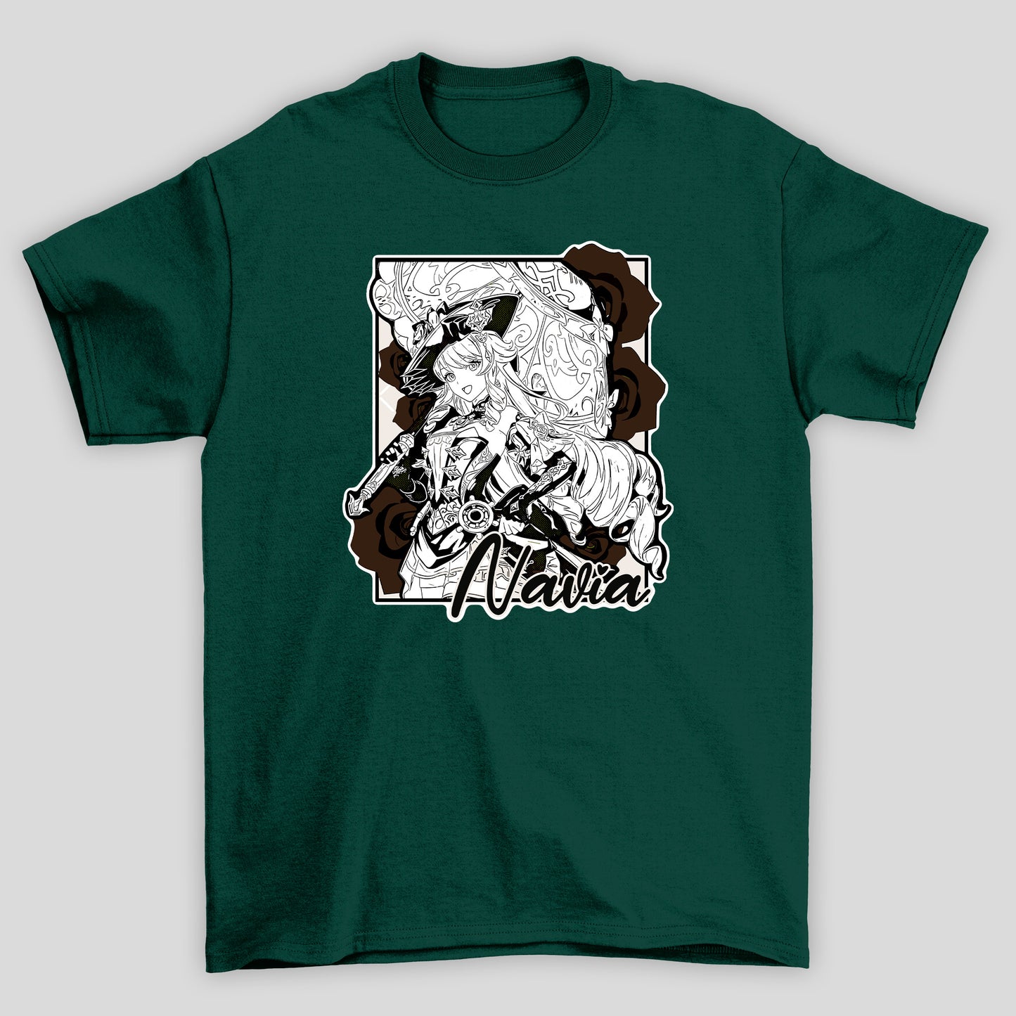 Camiseta Básica Unissex Navia Rosas Guarda Chuva Genshin