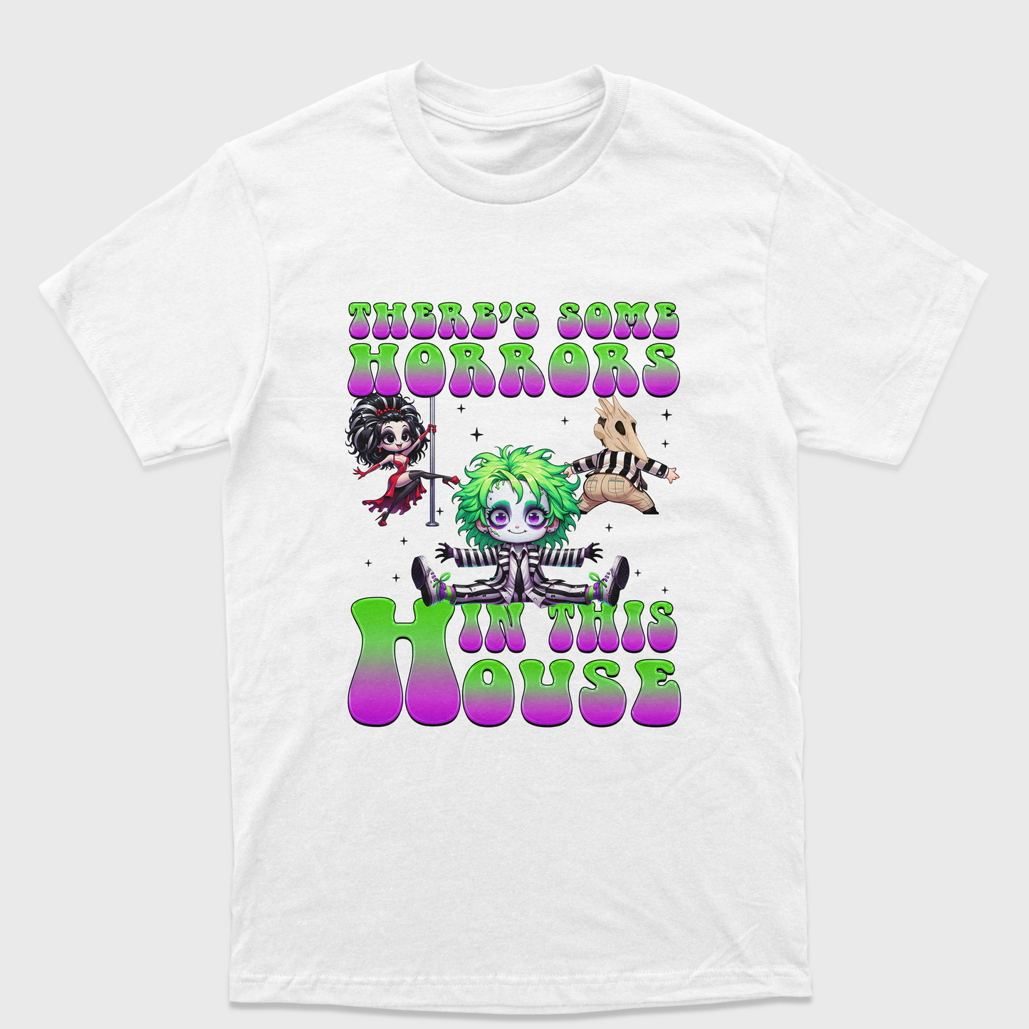 Camiseta Básica Unissex There's Some Horror In The House Beetlejuice